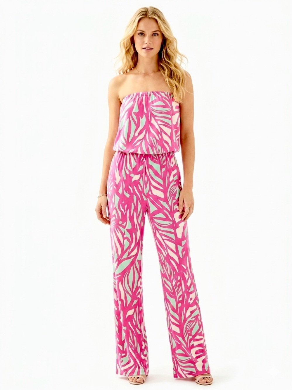 Lilly Pulitzer Tia Strapless Jumpsuit Pink Papaya Playa Leaf Palm Print Medium